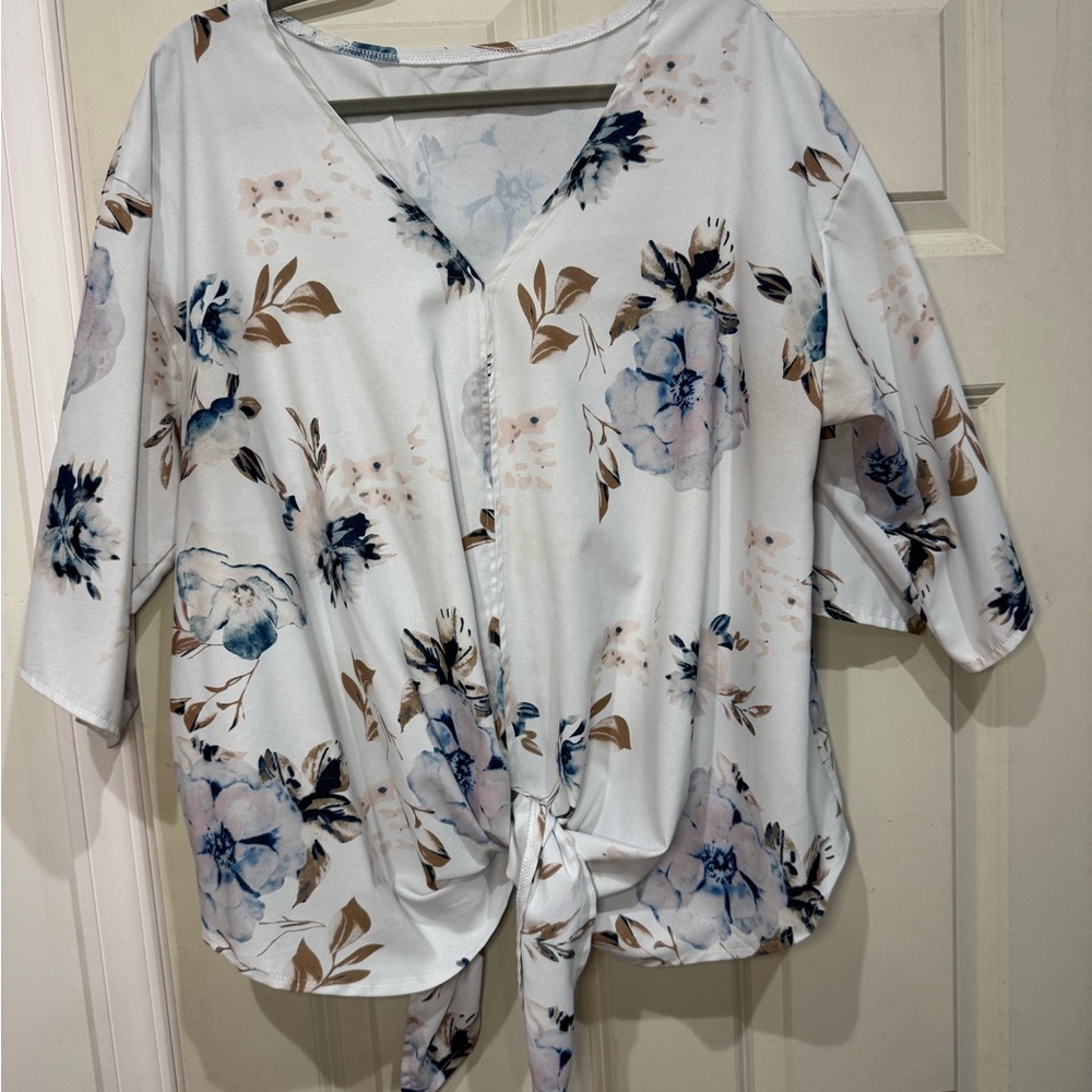 Floral V-Neck Tie-Front Top - White and Blue